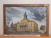 Obraz Małgorzaty Gietki "Ratusz Miasta Lublin" namalowany farbami Keima na tynkowanej płycie. Dar Artystki