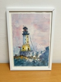Akwarela ,,Latarnia Morska'' autorstwa Pani Grażyny Grudzień, uczestniczki warsztatów malarskich organizowanych przez Fundację Aktywności ,,Karuzela''