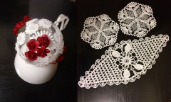 Zestaw rękodzieła: Bombka choinkowa wykonana dla Pani Ewy Dados przez dzieci ze Szkoły Podstawowej im. M. Konopnickiej w Garbowie oraz bieżnik i dwie serwetki, wykonane specjalnie na aukcję przez Panią Bożenę Tażbirek-Tatol.