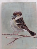 Obrazek "Wróbel" autorstwa Edyty Drozd namalowany farbami akrylowymi na desce, rozmiar 18 cm x 24 cm, Na aukcję PDPZ Podarowali Państwo Edyta i Tomasz Drozd